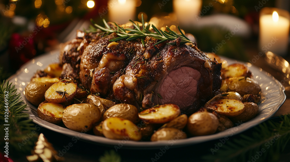 Holiday roasted beef with potatoes and rosemary garnish Holiday roasted beef with potatoes and rosemary garnish