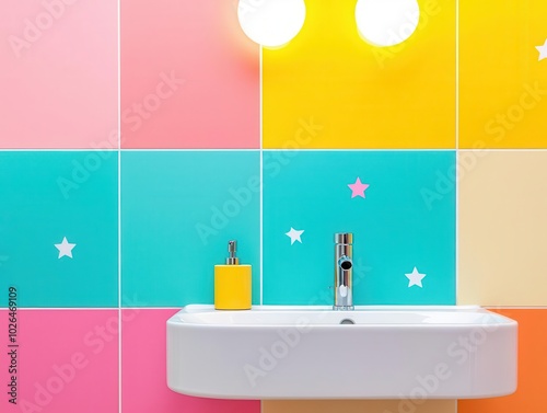 Playful kids bathroom with a starthemed sink, colorful lighting, and bright tiles, kids room, space theme photo