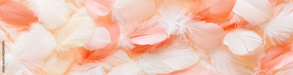 A soft background of pastel-colored feathers in shades of peach and white.
