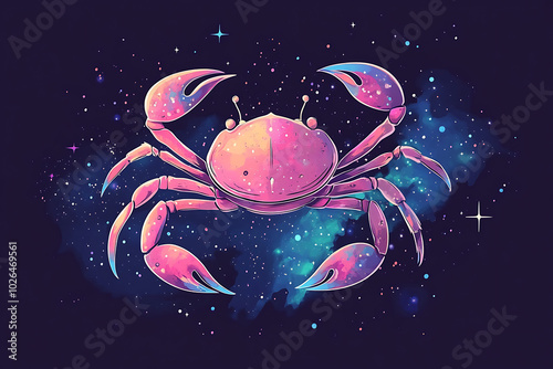 A colorful crab floating in a cosmic background, blending marine life with a space theme. photo