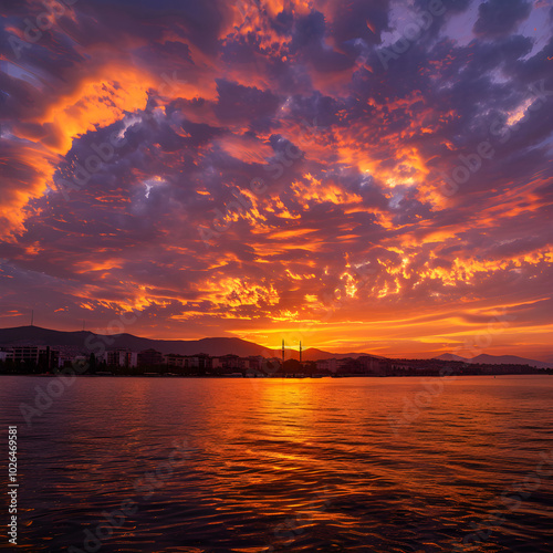 Izmir Twilight: A Captivating Sunset Over the Aegean Sea, Silhouetting the Magnificent Cityscape of Izmir, Turkey