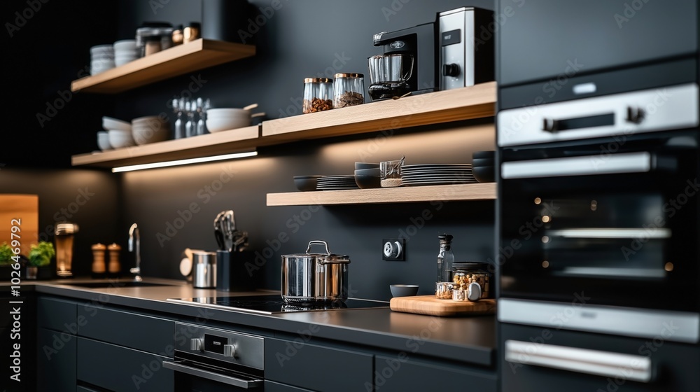 Modern kitchen interior with dark cabinets, open wooden shelves, built-in oven, stove, coffee maker, and various kitchen utensils and decor. Modern kitchen interior with dark cabinets, open wooden shelves, built-in oven, stove, coffee maker, and various kitchen utensils and decor.