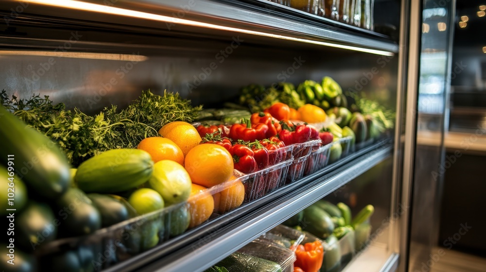 Refrigerated section filled with fresh fruits and vegetables, maintained in cold storage to ensure peak quality and preservation. Refrigerated section filled with fresh fruits and vegetables, maintained in cold storage to ensure peak quality and preservation.