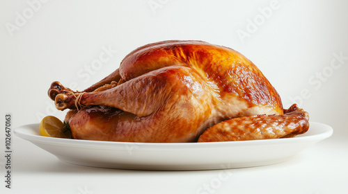 Golden roasted turkey on white plate with minimal decor