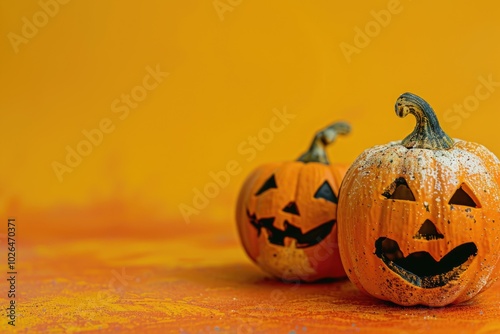 Two ornate pumpkins sit atop a table, ready for fall festivities photo