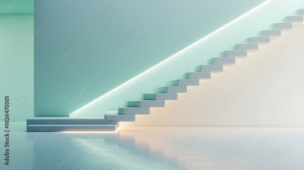 Obraz premium Side view of a minimal modern stairway with white and green tones under soft lighting, showcasing sleek architectural design.