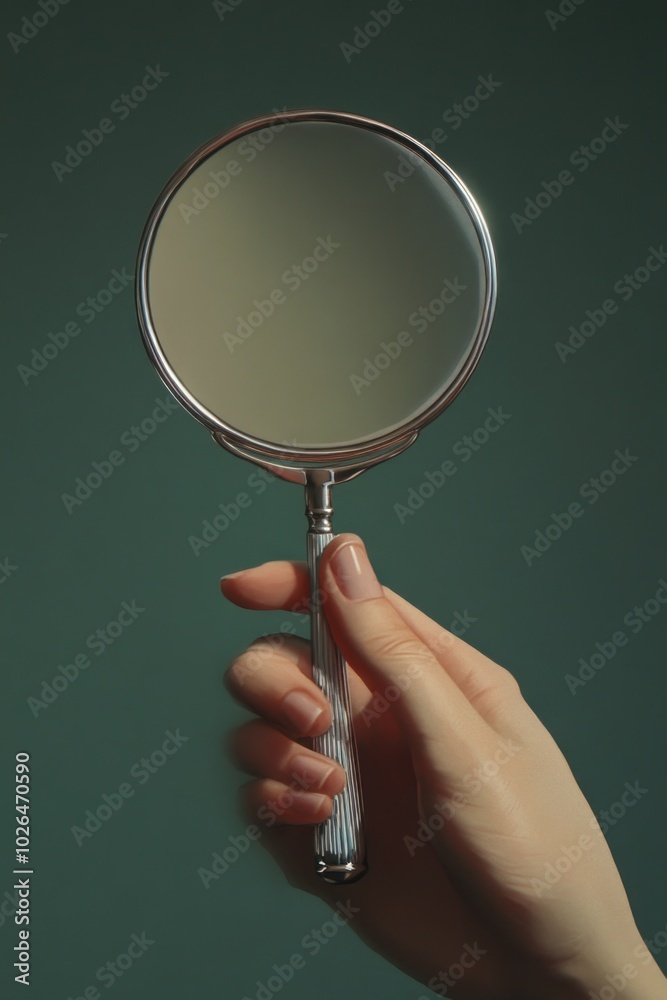 A person holds a mirror in their hand, offering a moment of self-reflection A person holds a mirror in their hand, offering a moment of self-reflection