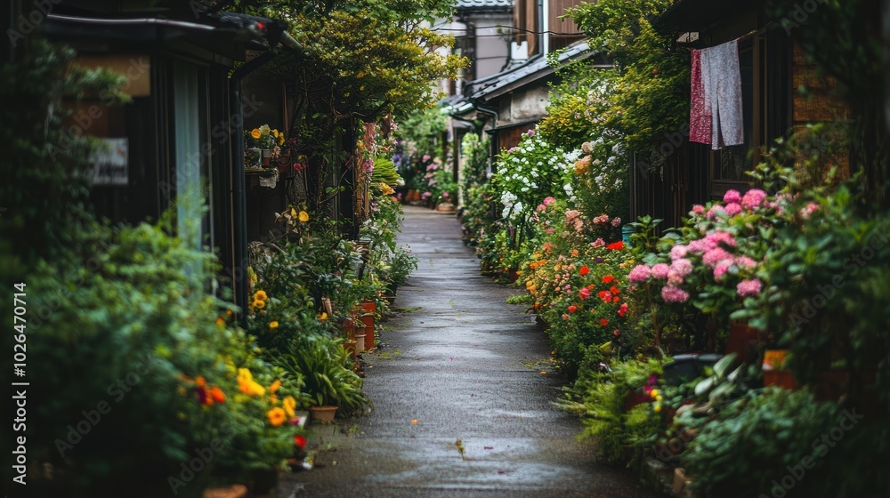 A serene alleyway lined with vibrant flowers and greenery after rain. A serene alleyway lined with vibrant flowers and greenery after rain.