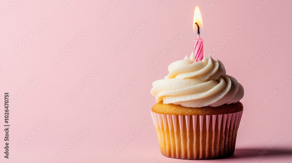 Simple cupcake with a lit candle, placed on a solid pale pink background, capturing the essence of a quiet birthday celebration. Simple cupcake with a lit candle, placed on a solid pale pink background, capturing the essence of a quiet birthday celebration.