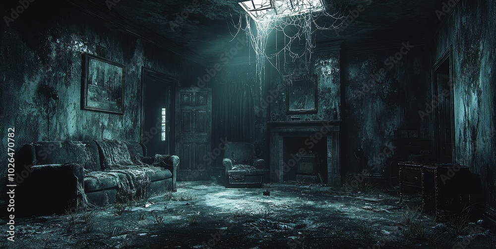 An eerie, abandoned room featuring a dusty yellow sofa, cobwebs, and a dim light filtering through a barred window, evoking a sense of decay and neglect. An eerie, abandoned room featuring a dusty yellow sofa, cobwebs, and a dim light filtering through a barred window, evoking a sense of decay and neglect.