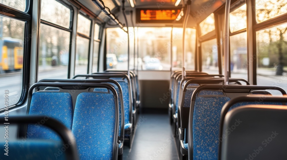Fototapeta premium Sleek bus interior with empty seats, reflecting a modern, comfortable design ideal for urban public transportation and commuting.