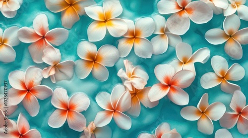 A serene arrangement of white and orange flowers floating on turquoise water.