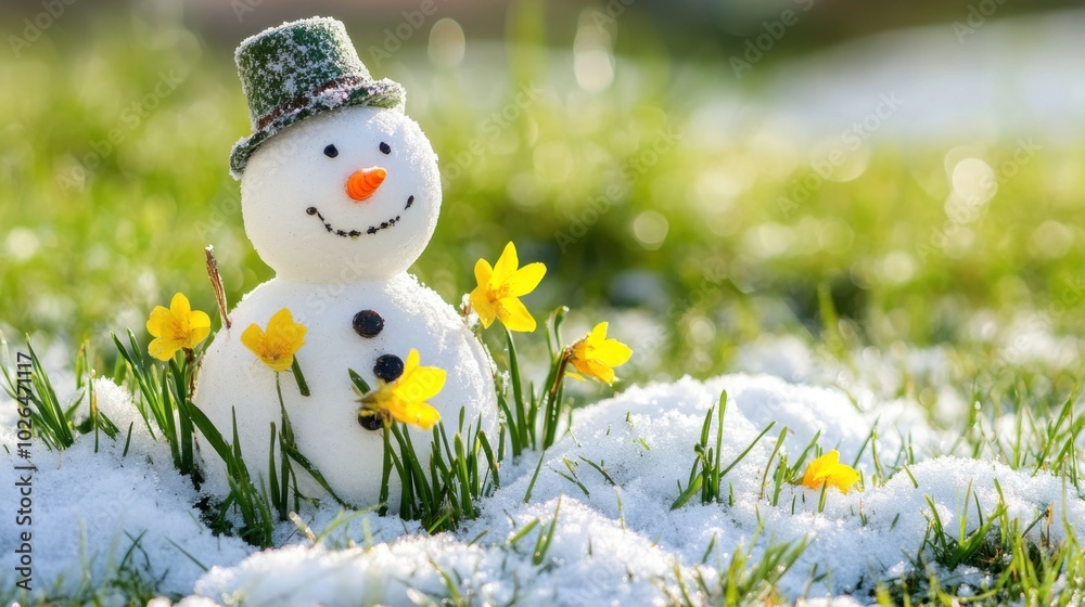 Obraz premium Snowman in a grassy meadow with spring flowers growing through the melting snow, embodying the transition from winter to spring.