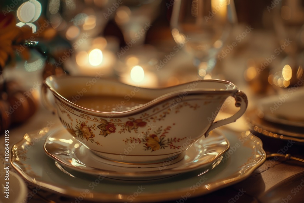 A plate with a single serving of gravy on a table A plate with a single serving of gravy on a table