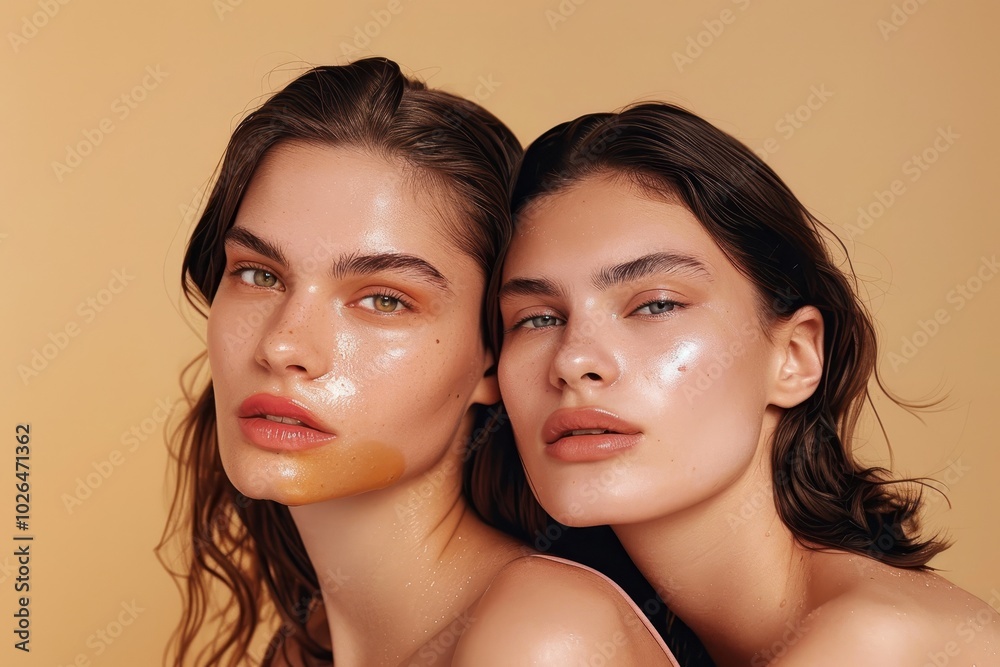Two young women with natural makeup showcase glowing skin and soft expressions, emphasizing beauty and intimacy. Two young women with natural makeup showcase glowing skin and soft expressions, emphasizing beauty and intimacy.