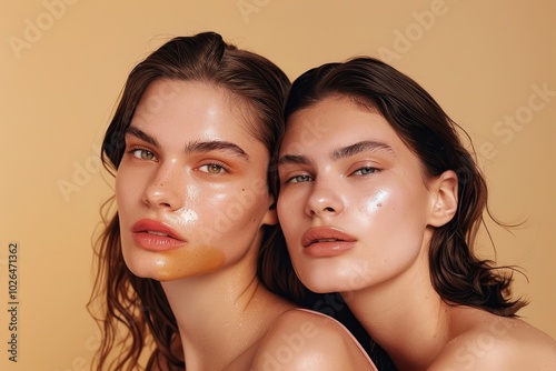 Two young women with natural makeup showcase glowing skin and soft expressions, emphasizing beauty and intimacy.