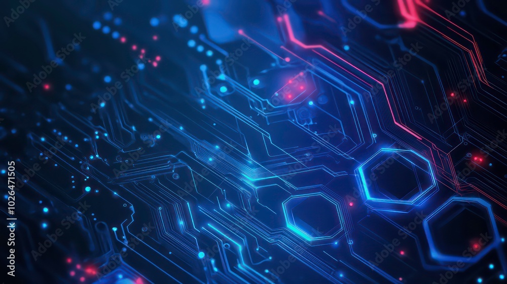 Obraz premium Abstract digital background with glowing blue and red circuit board lines and hexagons on a dark background.