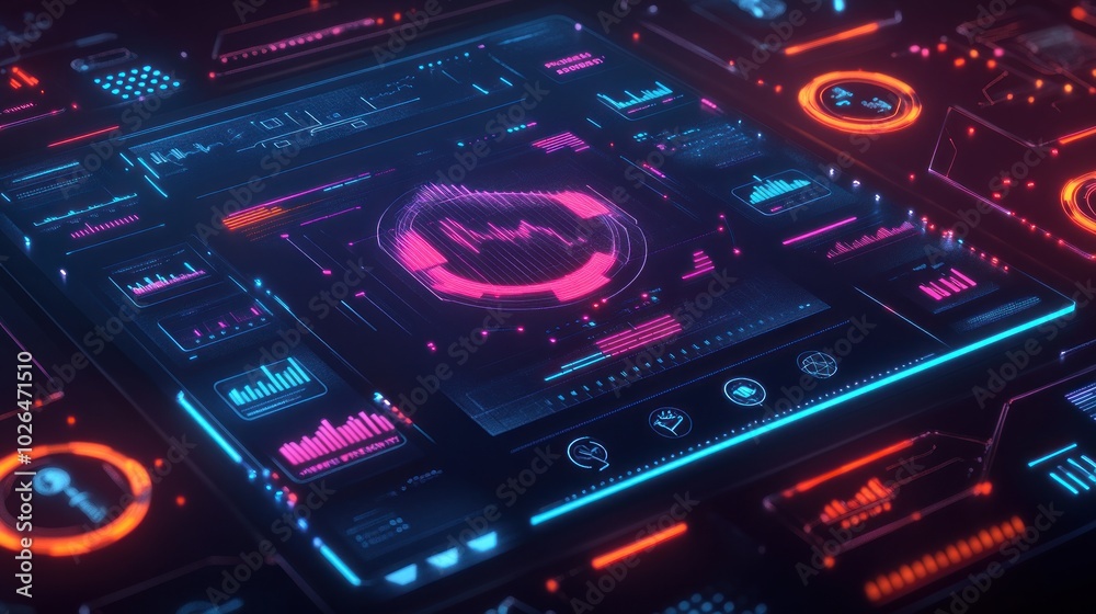 A futuristic interface displaying data analytics with vibrant colors and graphs. A futuristic interface displaying data analytics with vibrant colors and graphs.