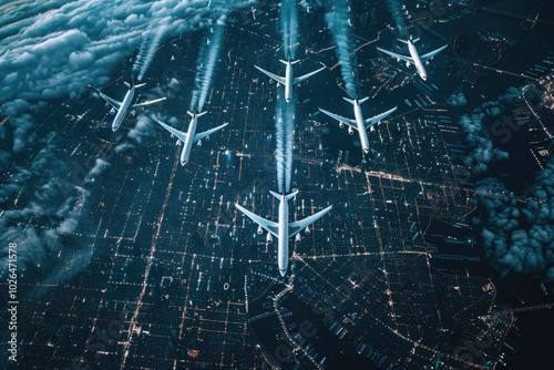 Nighttime aerial view of multiple airplanes flying over a metropolitan area