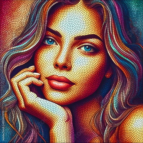 Vibrant pointillism portrait of a beautiful woman, showcasing intricate dot patterns and vivid colors.