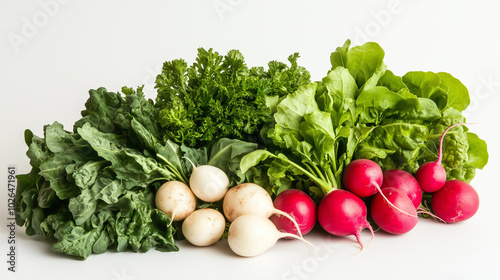 Fresh radishes, turnips, and greens on a white background