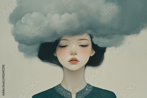 Sad young woman grey cloud over head. Negative thinking, Dark thoughts. Mental health. Depression.