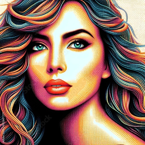 Vibrant pointillism portrait of a beautiful woman, showcasing intricate dot patterns and vivid colors.