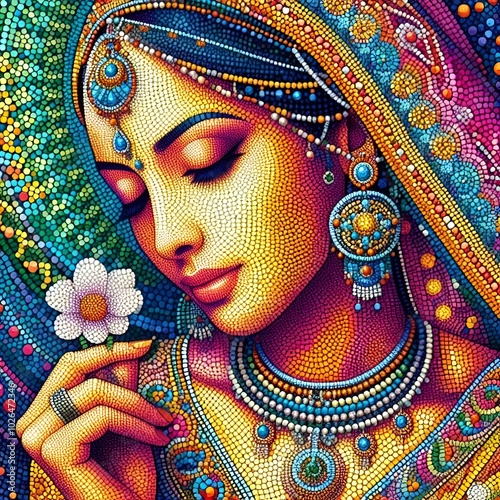 Vibrant pointillism portrait of a beautiful woman, showcasing intricate dot patterns and vivid colors.