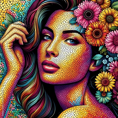 Vibrant pointillism portrait of a beautiful woman, showcasing intricate dot patterns and vivid colors.
