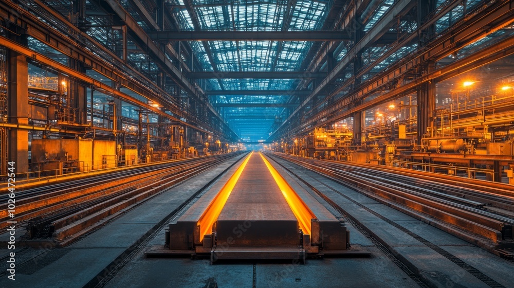 A large industrial building with a long, narrow hallway A large industrial building with a long, narrow hallway