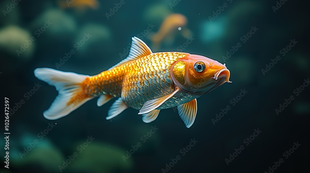 Fototapeta premium Golden Koi Fish Swimming in Black Water