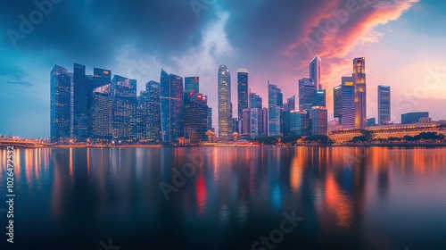 Stunning skyline at twilight over a serene waterfront.