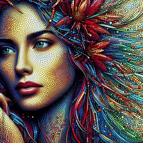 Vibrant pointillism portrait of a beautiful woman, showcasing intricate dot patterns and vivid colors.