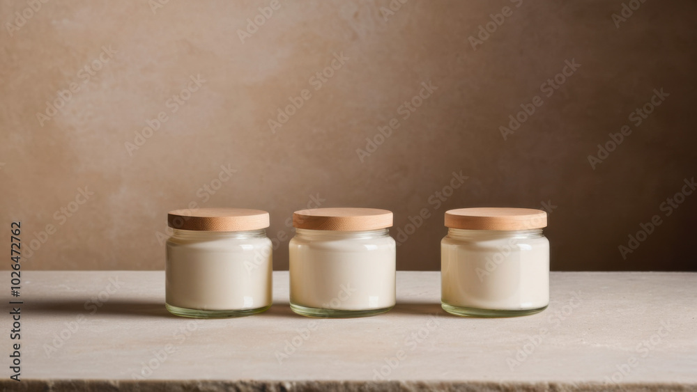 A collection of small, round jars designed for clay masks with a smooth matte texture, displayed on a natural stone surface. Ideal for skincare branding and product photography. A collection of small, round jars designed for clay masks with a smooth matte texture, displayed on a natural stone surface. Ideal for skincare branding and product photography.