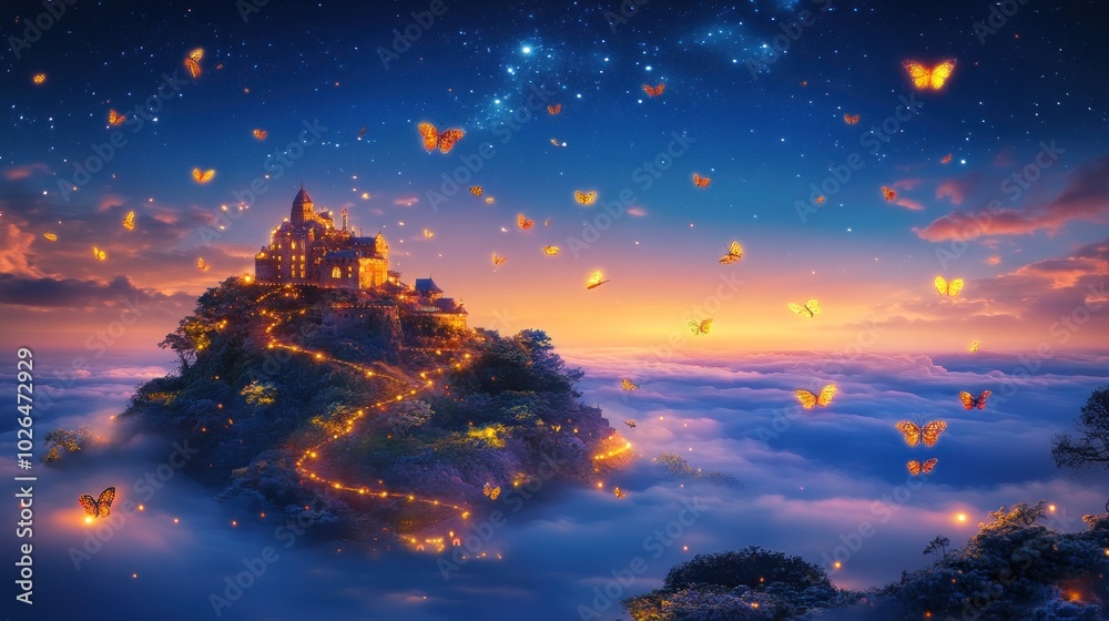A mystical castle atop a hill with glowing butterflies against a vibrant sunset sky. A mystical castle atop a hill with glowing butterflies against a vibrant sunset sky.