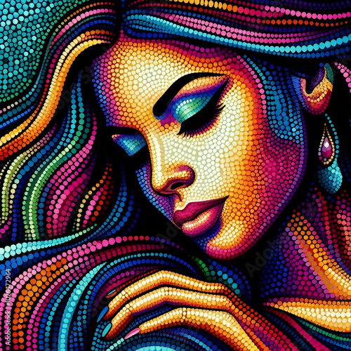 Vibrant pointillism portrait of a beautiful woman, showcasing intricate dot patterns and vivid colors.