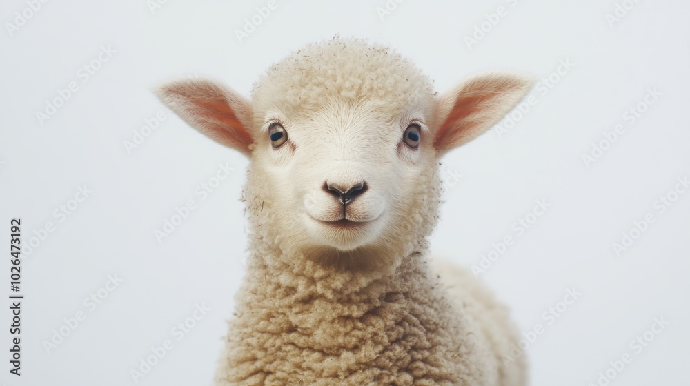 Fototapeta premium Very cute baby sheep with light brown wool, standing on a white studio background, creating a soft and heartwarming portrait. -