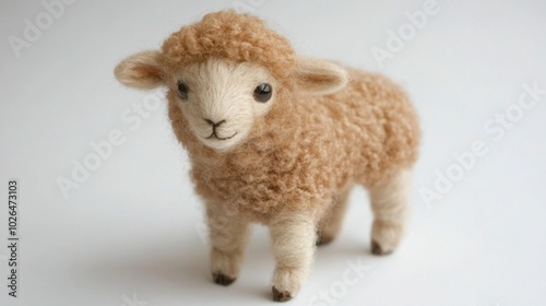 Very cute baby sheep with light brown wool, standing on a white studio background, creating a soft and heartwarming portrait. -