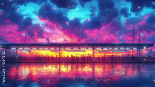 Wallpaper Mural As the colorful sky shifts from day to night, commuters gather at a lively station under glowing lights and magical reflections seamless looping 4K time-lapse virtual video animation background Torontodigital.ca