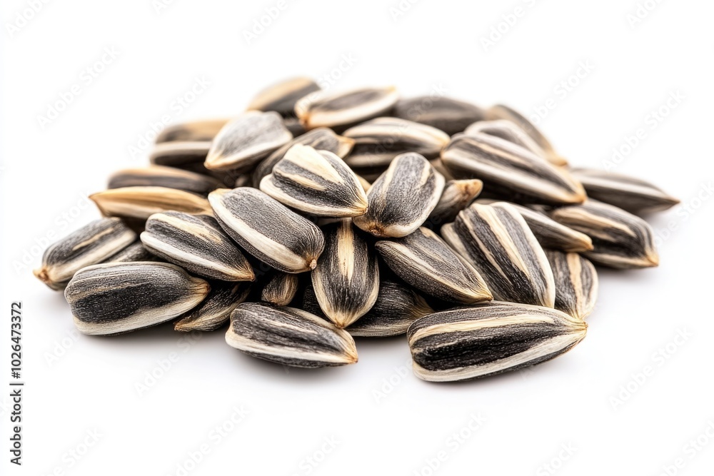 A collection of sunflower seeds on a white surface, ideal for use in food or decoration illustrations A collection of sunflower seeds on a white surface, ideal for use in food or decoration illustrations
