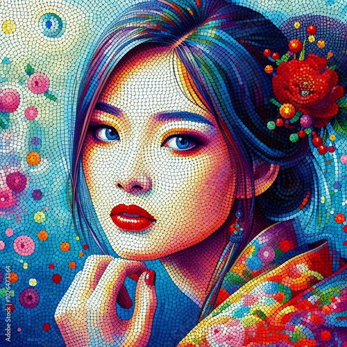 Vibrant pointillism portrait of a beautiful woman, showcasing intricate dot patterns and vivid colors.