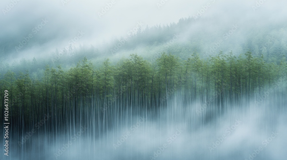 Misty bamboo forest with ethereal fog creating a serene atmosphere. Misty bamboo forest with ethereal fog creating a serene atmosphere.