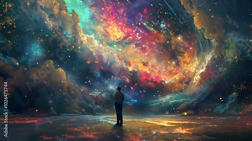 A figure gazes at a vibrant cosmic scene filled with stars and swirling colors, evoking wonder and exploration.