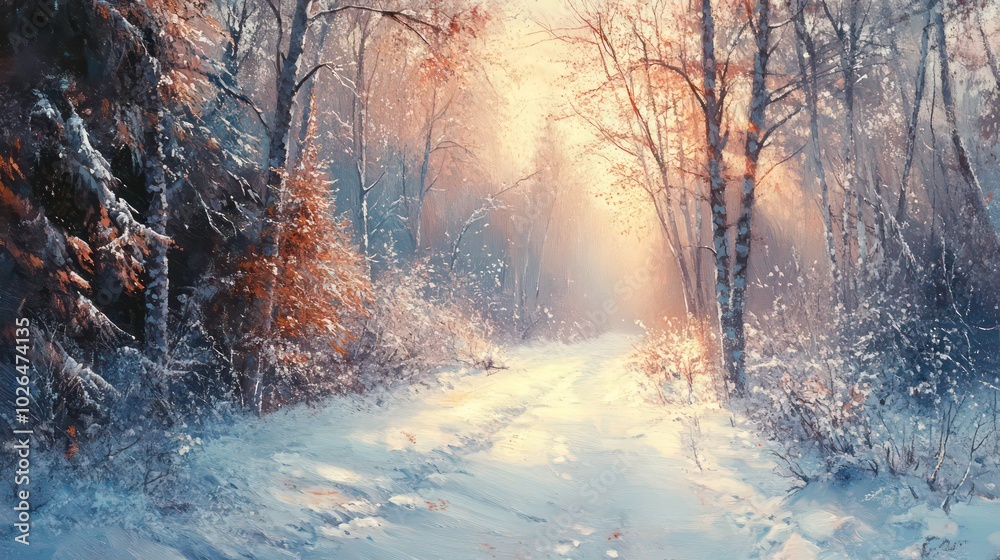 A snowy path through a winter forest with sunlight shining through the trees. A snowy path through a winter forest with sunlight shining through the trees.