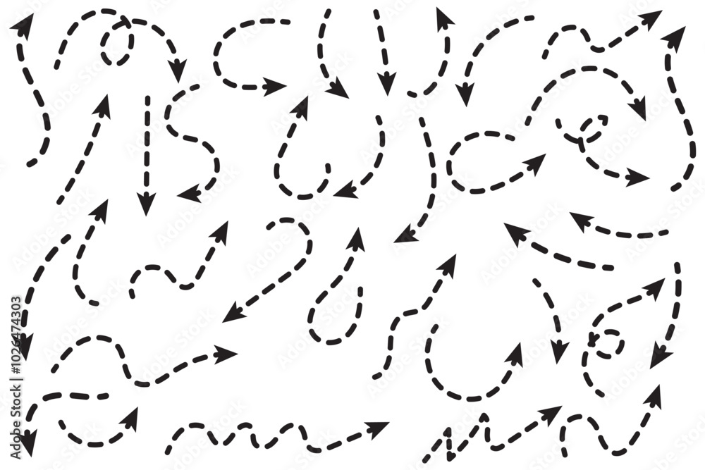 Black dotted arrows set. Wavy and curved dashed arrow collection ...