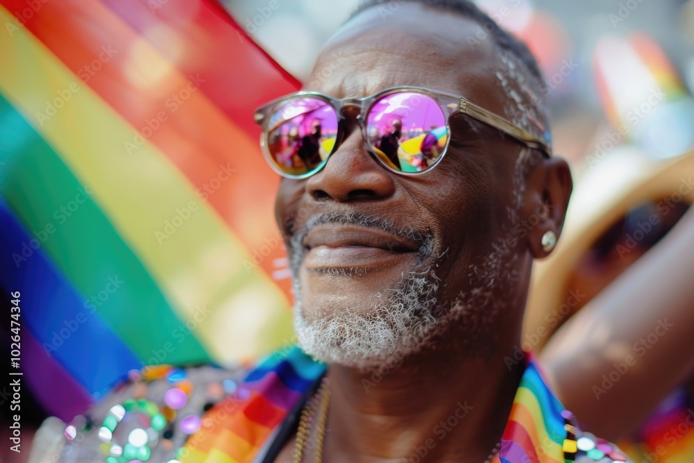 A person wearing trendy sunglasses and a colorful rainbow shirt, suitable for casual outdoor use or fashion photoshoot A person wearing trendy sunglasses and a colorful rainbow shirt, suitable for casual outdoor use or fashion photoshoot