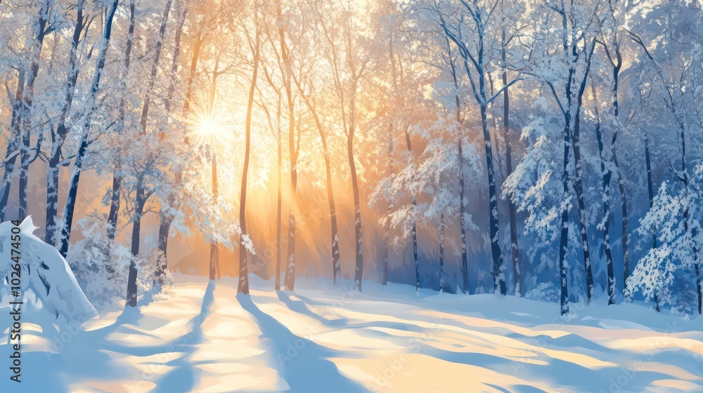 A snowy forest bathed in the golden light of sunrise, casting long shadows across the snow-covered ground. The trees are laden with snow, and the air is crisp and cold. A snowy forest bathed in the golden light of sunrise, casting long shadows across the snow-covered ground. The trees are laden with snow, and the air is crisp and cold.