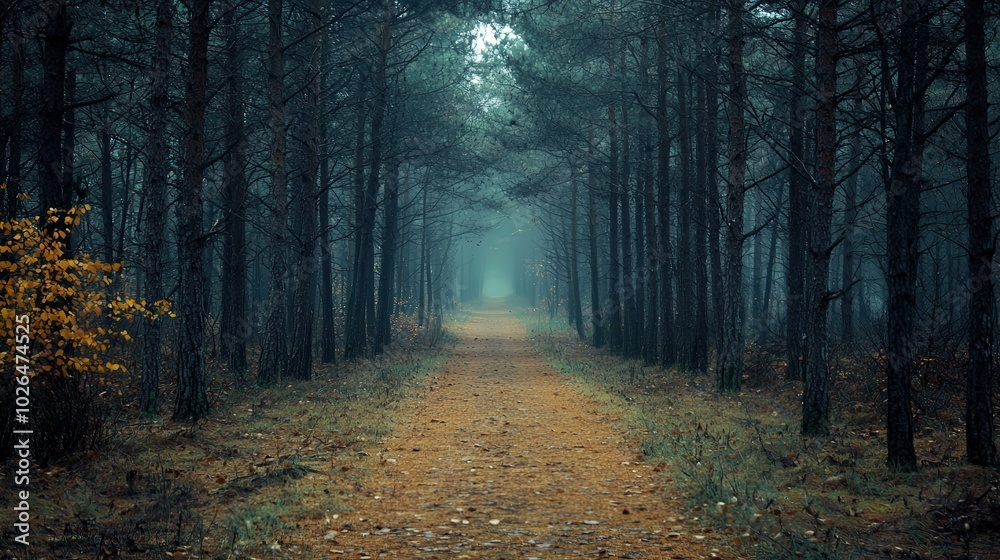 Fototapeta premium Mystical Forest Path Through Foggy Pine Trees