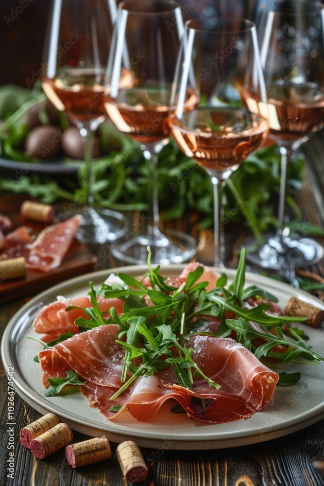 A plate of meat and wine glasses on a table, perfect for dinner or party A plate of meat and wine glasses on a table, perfect for dinner or party