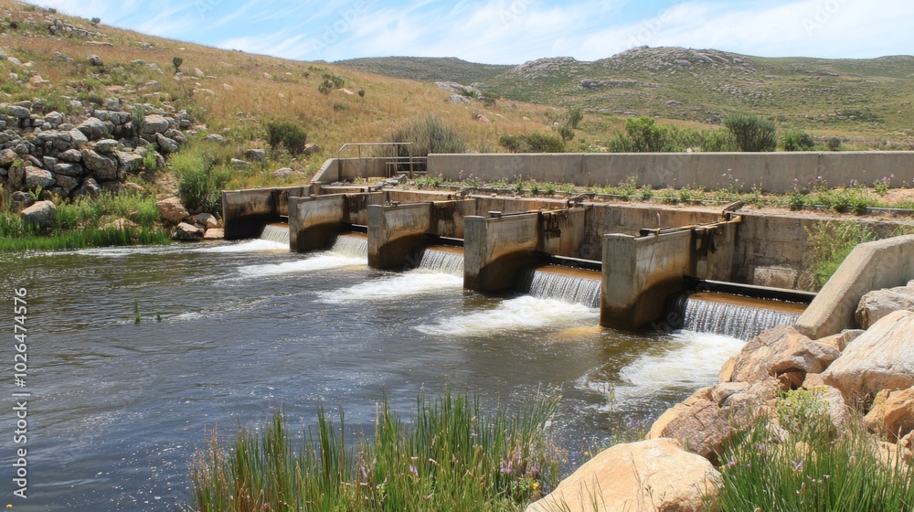Water Flow at a Scenic Dam in Nature Landscape Water Flow at a Scenic Dam in Nature Landscape
